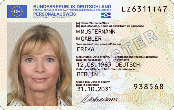 Vorderseite des Personalausweises mit Online-Ausweisfunktion mit Angaben zu der fiktiven Person Erika Mustermann, Quelle Bundesministerium des Innern und für Heimat